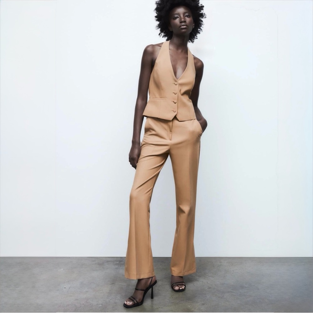 ZARA Camel High Rise Tailored Straight Leg Pants Women XL Office Minimalist